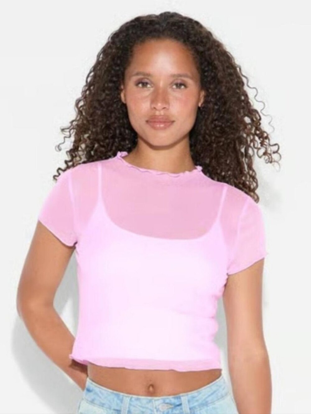 Wild Fable Women's Sheer Layered Lavender Crop Top With Lettuce Ruffle Collar